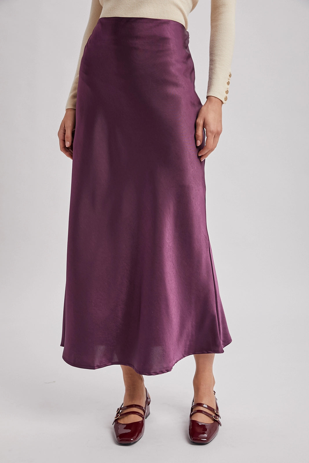 Satin Midi Skirt in Plum