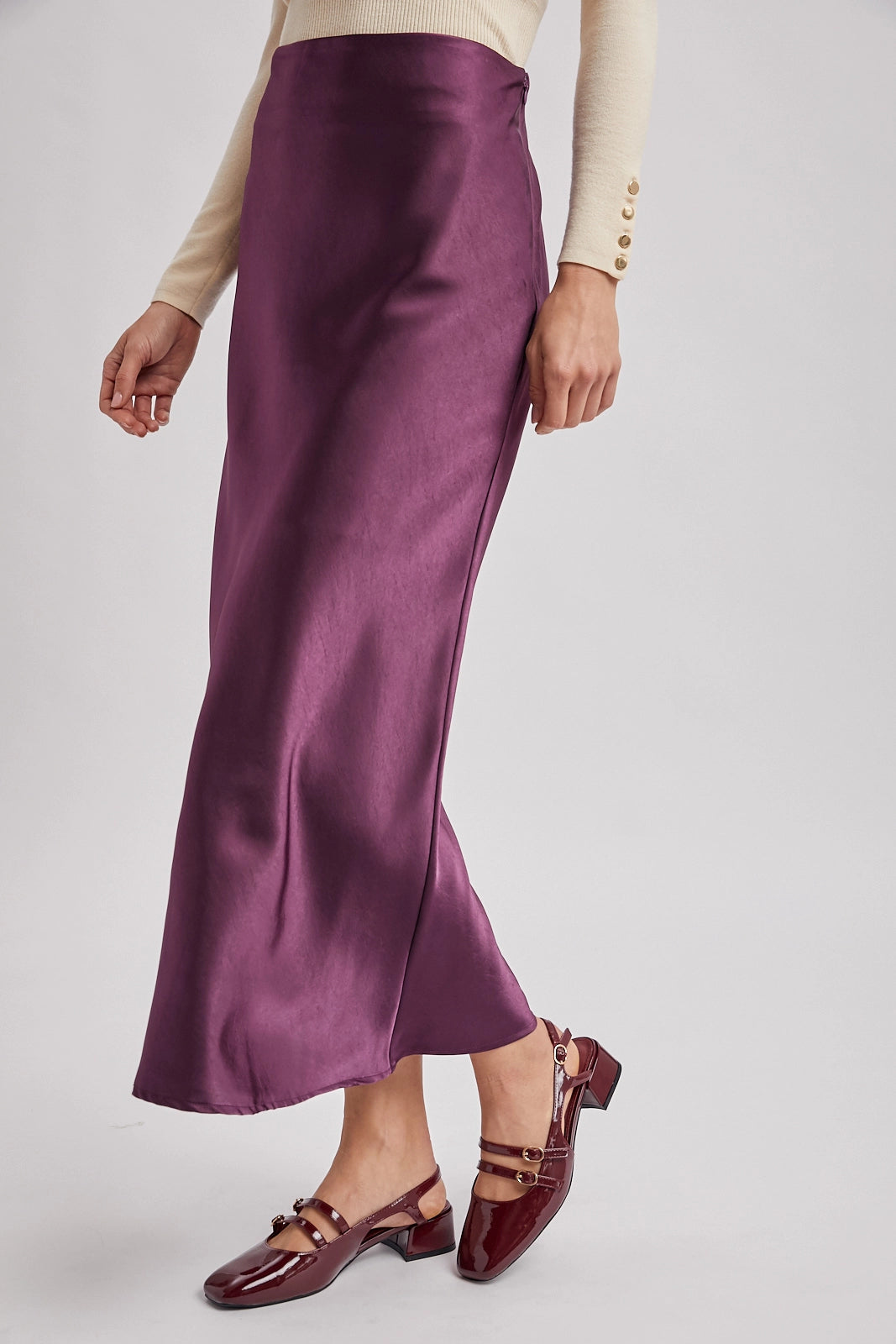Satin Midi Skirt in Plum