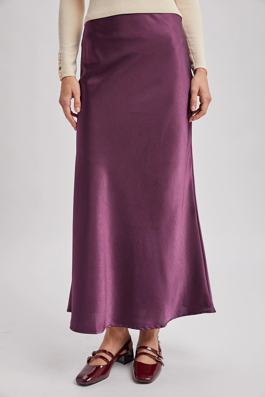 Satin Midi Skirt in Plum