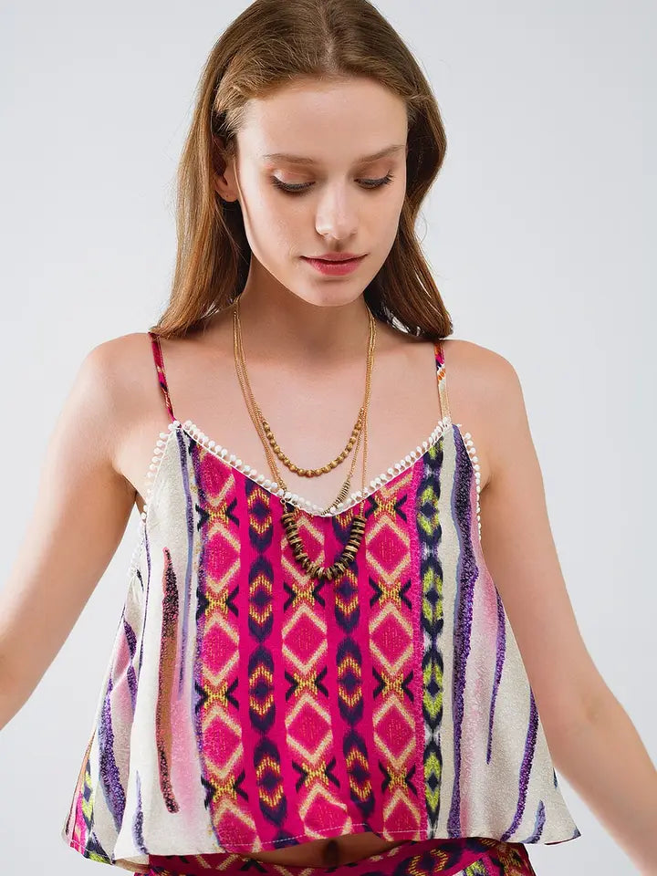 Satin Multicolored Sleeveless Top with Abstract Print-Top-Q2-M-Fuchsia-Urbanheer