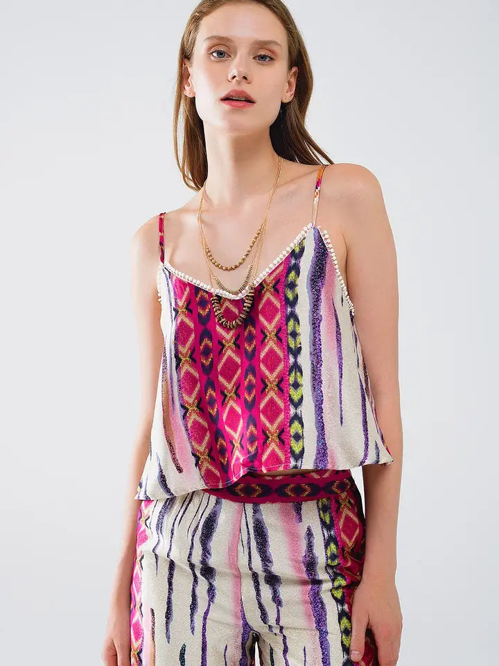 Satin Multicolored Sleeveless Top with Abstract Print-Top-Q2-M-Fuchsia-Urbanheer