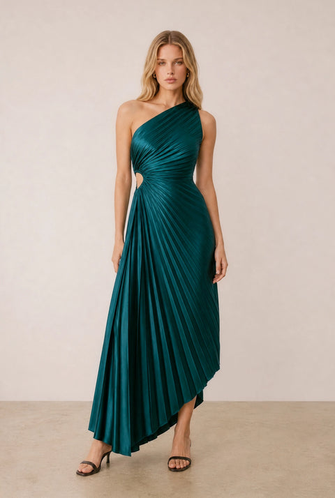 Satin One Shoulder Asymmetrical Pleated Dress