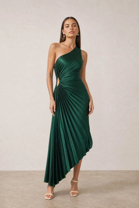Satin One Shoulder Asymmetrical Pleated Dress
