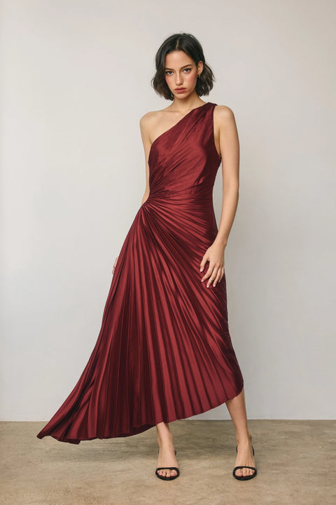 Satin One Shoulder Asymmetrical Pleated Dress