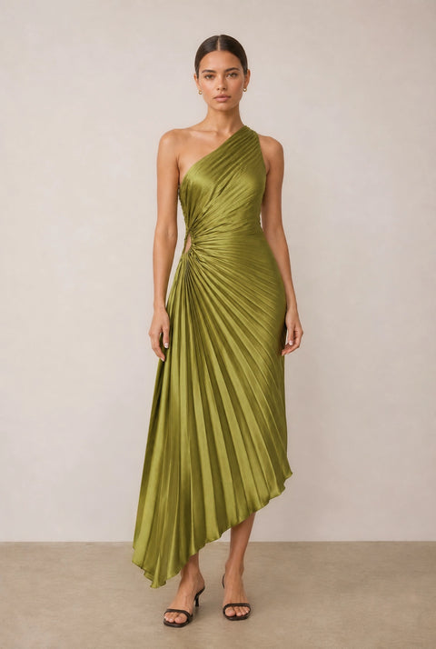 Satin One Shoulder Asymmetrical Pleated Dress