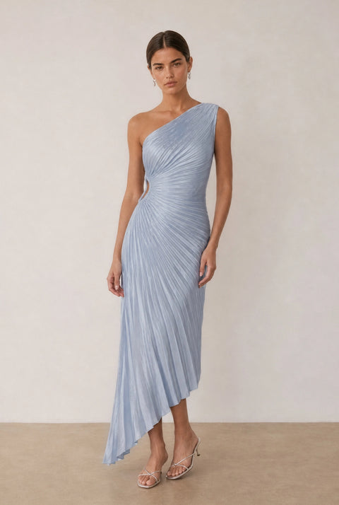 Satin One Shoulder Asymmetrical Pleated Dress
