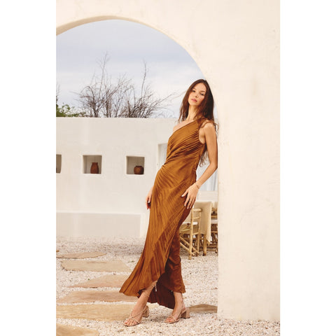Satin One Shoulder Asymmetrical Pleated Dress