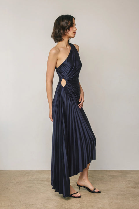 Satin One Shoulder Asymmetrical Pleated Dress