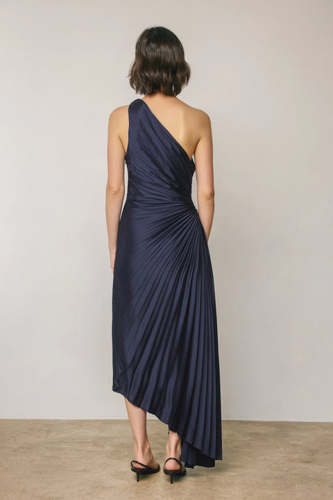 Satin One Shoulder Asymmetrical Pleated Dress