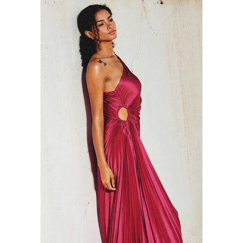 Satin One Shoulder Asymmetrical Pleated Dress