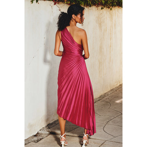 Satin One Shoulder Asymmetrical Pleated Dress
