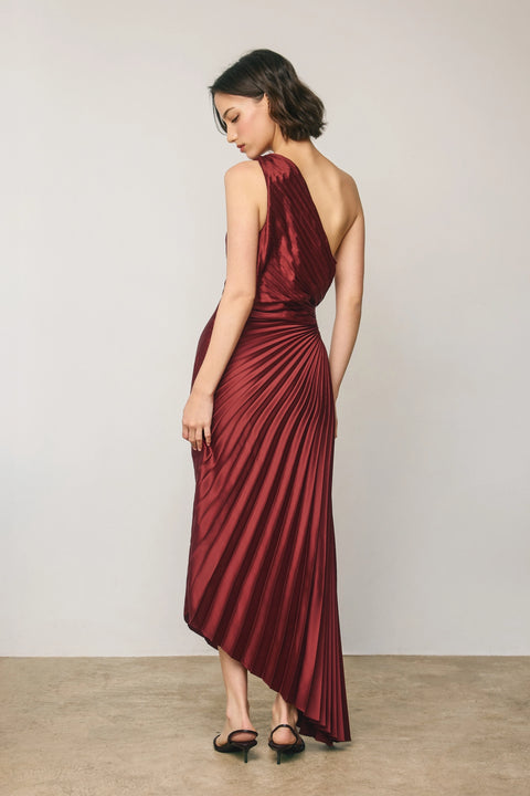 Satin One Shoulder Asymmetrical Pleated Dress
