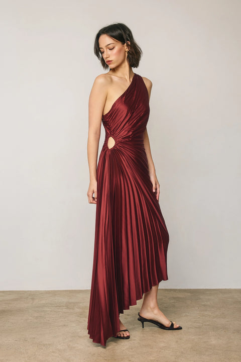 Satin One Shoulder Asymmetrical Pleated Dress