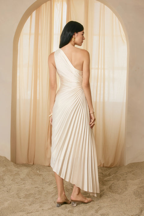 Satin One Shoulder Asymmetrical Pleated Dress