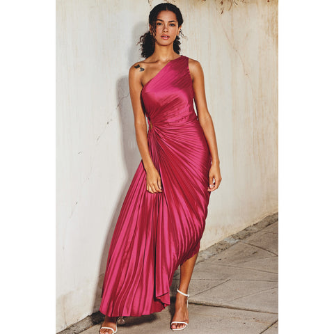 Satin One Shoulder Asymmetrical Pleated Dress