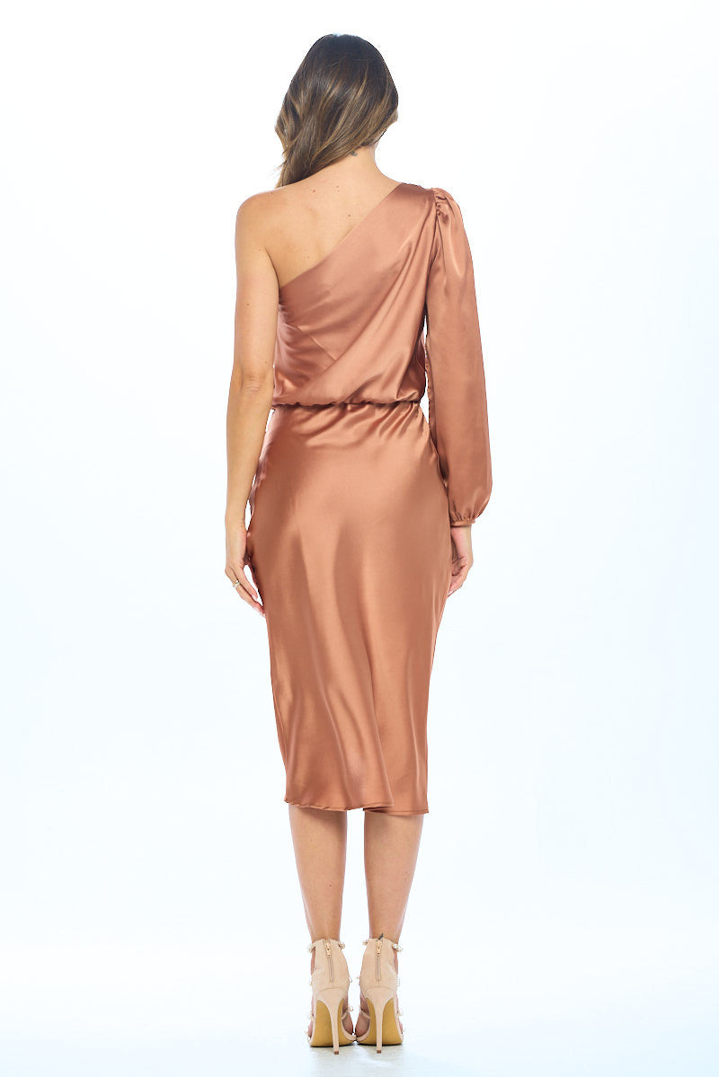Satin One Shoulder Bodycon Dress w/ Asymmetric Hem-Dresses-Reneecollection-Urbanheer