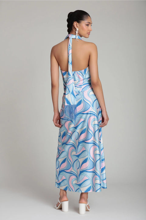 Satin Paisley Scarf Tie Halter Top with Fringe