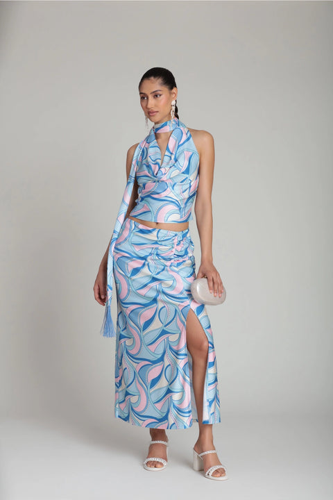 Satin Paisley Scarf Tie Halter Top with Fringe