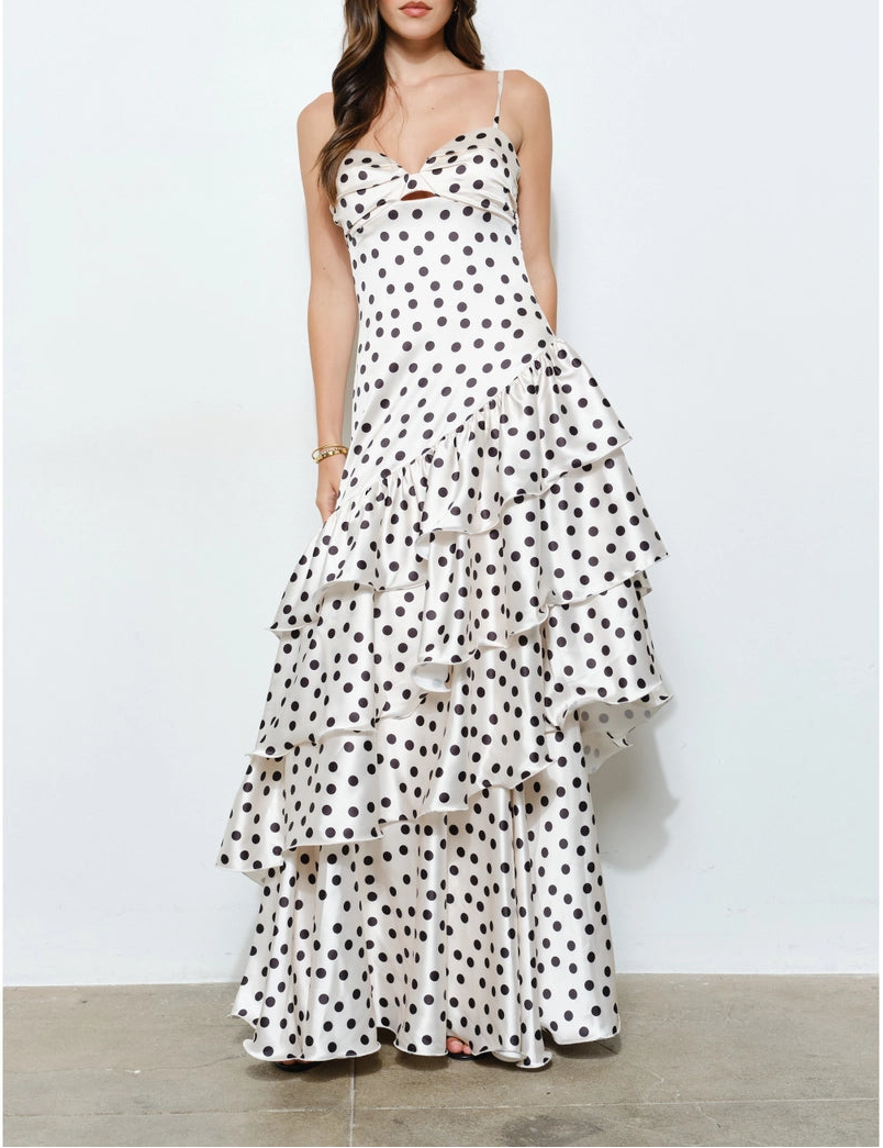 Satin Polka Dot Tiered Ruffle Maxi Dress