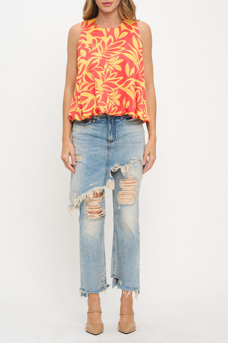 Satin Print Sleeveless Top with Bubble Hem and Back Keyhole-New Arrival-Reneecollection-Small-ORANGE/YELLOW-Urbanheer