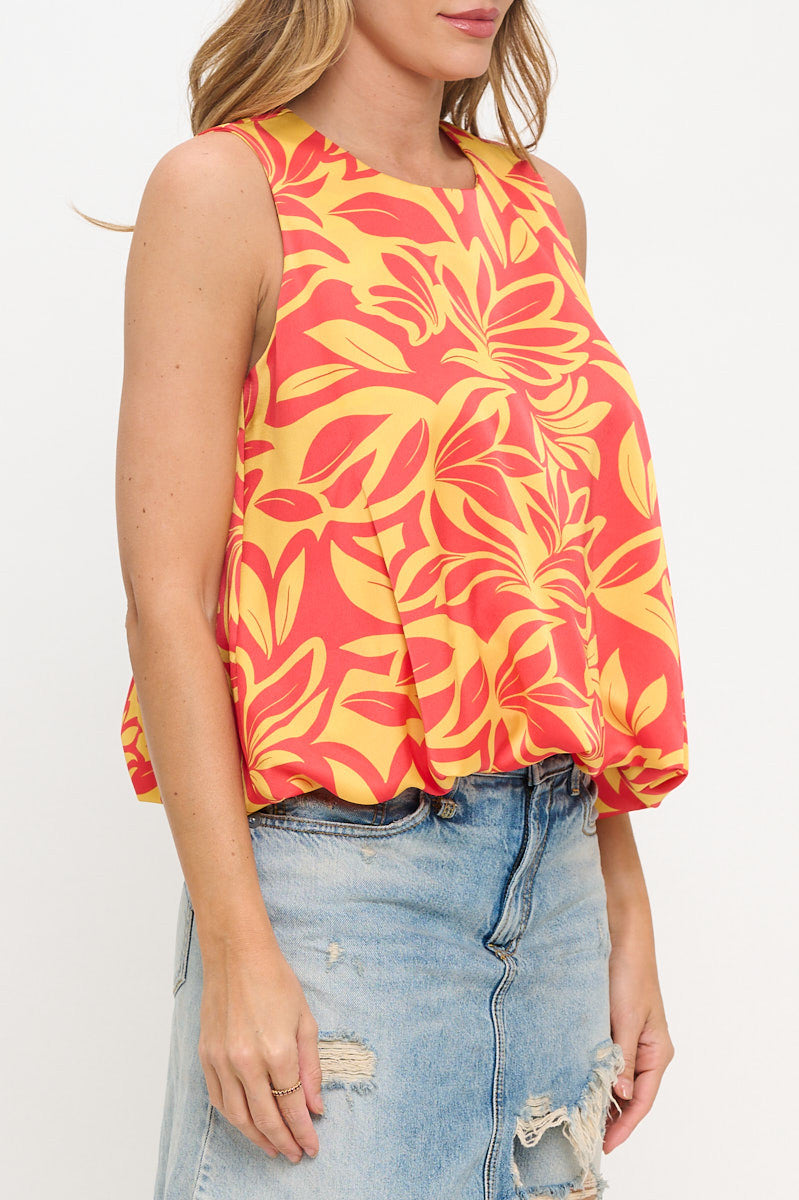 Satin Print Sleeveless Top with Bubble Hem and Back Keyhole-New Arrival-Reneecollection-Small-ORANGE/YELLOW-Urbanheer