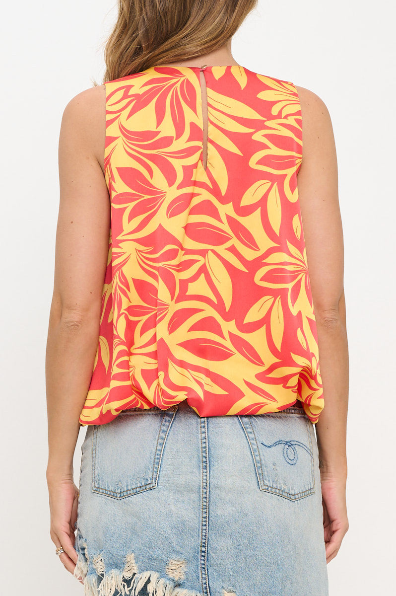 Satin Print Sleeveless Top with Bubble Hem and Back Keyhole-New Arrival-Reneecollection-Small-ORANGE/YELLOW-Urbanheer