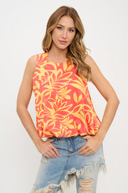 Satin Print Sleeveless Top with Bubble Hem and Back Keyhole-New Arrival-Reneecollection-Small-ORANGE/YELLOW-Urbanheer