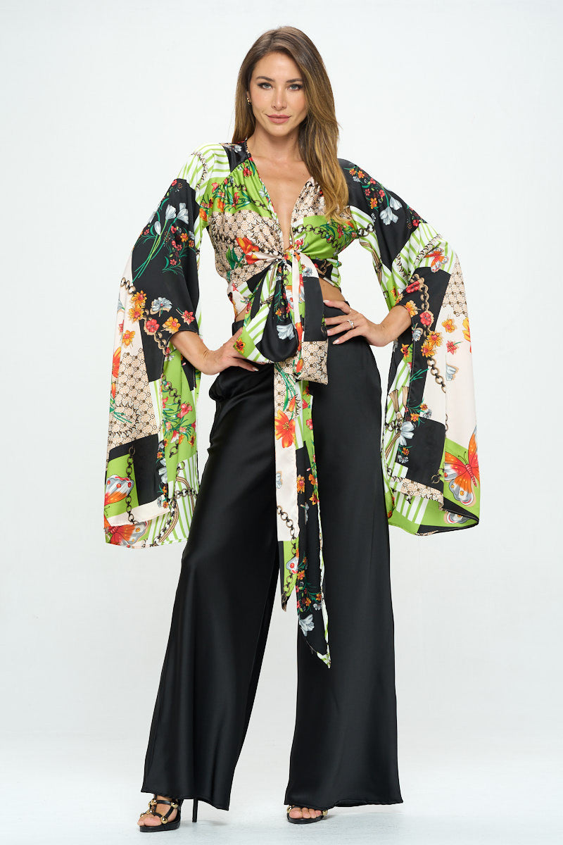 Satin Print Wrap Top with Exaggerated Sleeves-Tops-Reneecollection-Urbanheer