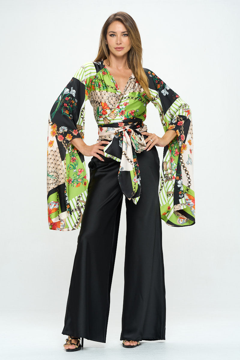 Satin Print Wrap Top with Exaggerated Sleeves-Tops-Reneecollection-Urbanheer