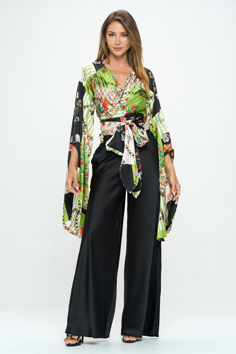 Satin Print Wrap Top with Exaggerated Sleeves-Tops-Reneecollection-Urbanheer
