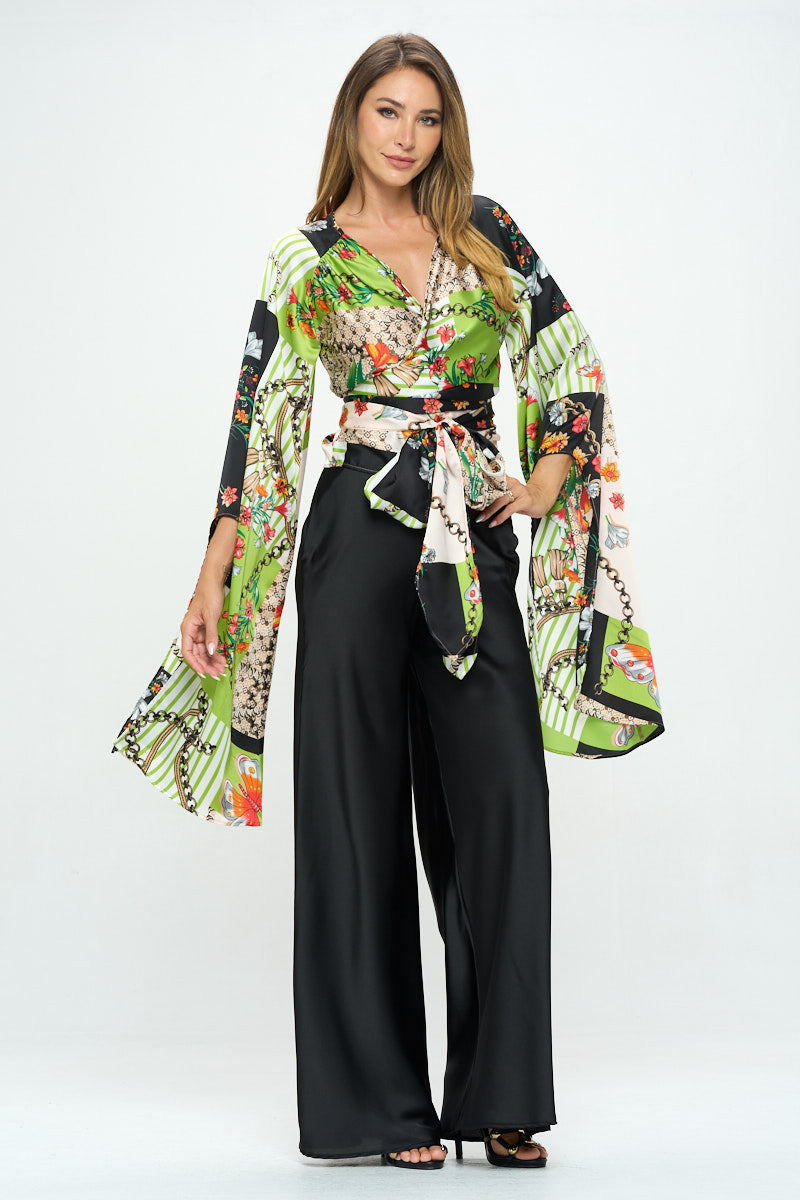 Satin Print Wrap Top with Exaggerated Sleeves-Tops-Reneecollection-Urbanheer