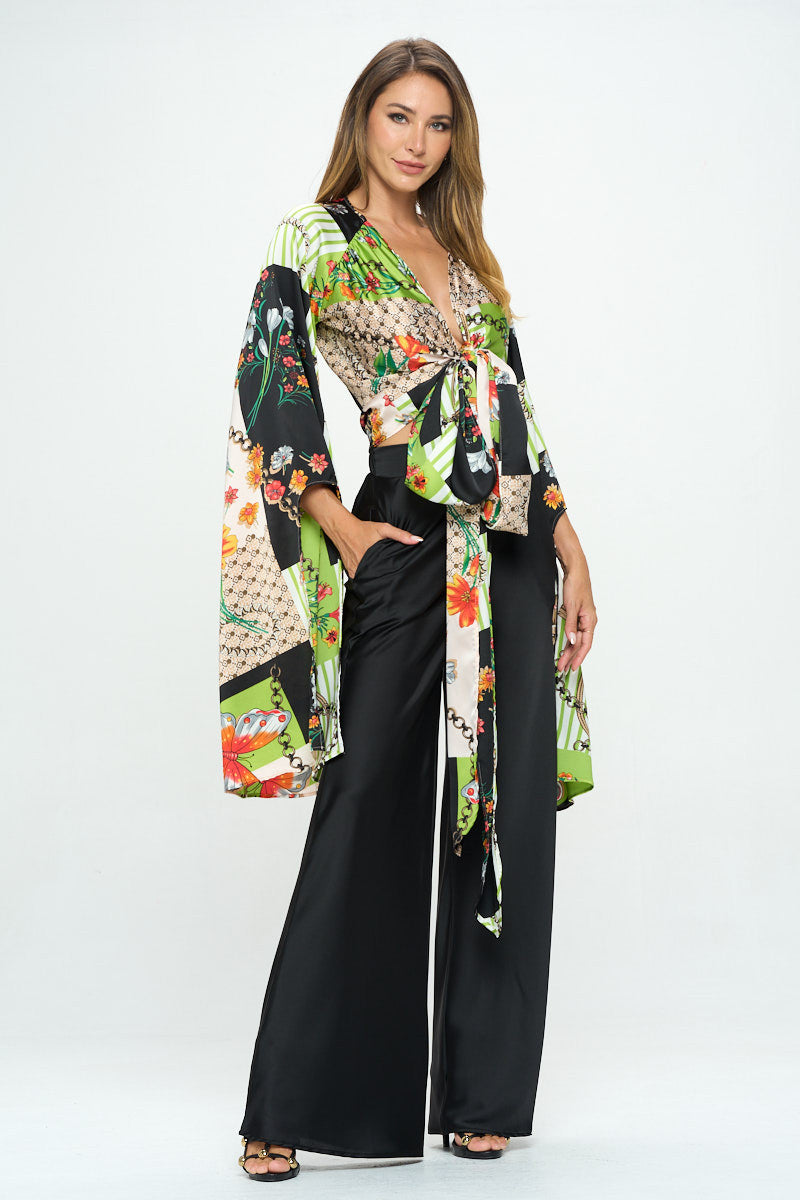 Satin Print Wrap Top with Exaggerated Sleeves-Tops-Reneecollection-Urbanheer