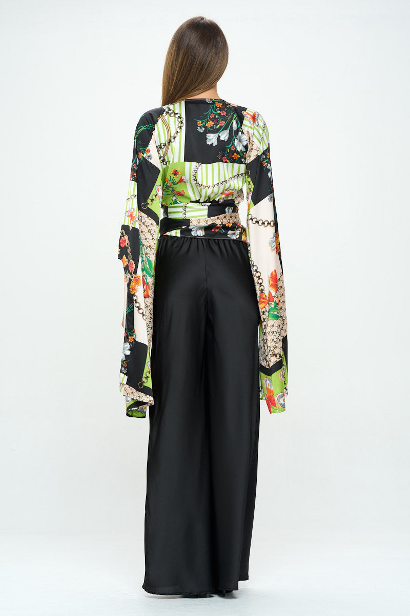 Satin Print Wrap Top with Exaggerated Sleeves-Tops-Reneecollection-Urbanheer