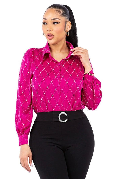 Satin & Rhinestone Button Down Collared Shirts Fuchsia-Shirts-7MANGO7-S-Urbanheer