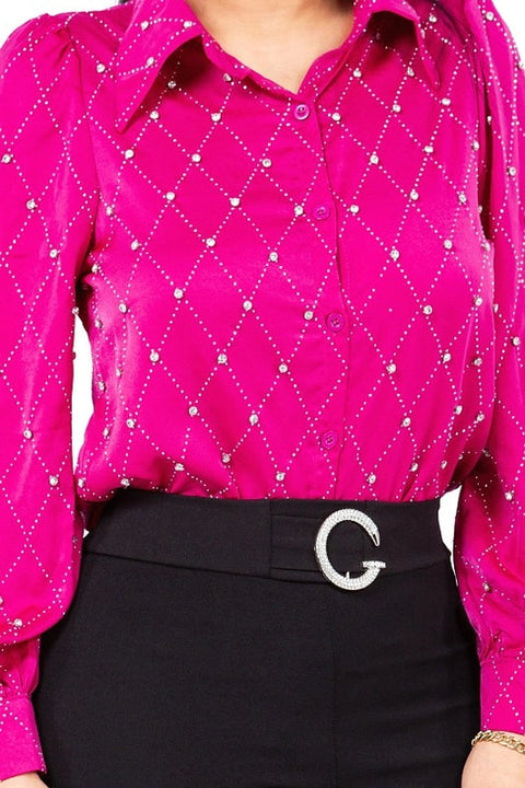 Satin & Rhinestone Button Down Collared Shirts Fuchsia-Shirts-7MANGO7-S-Urbanheer