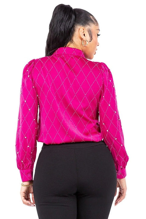 Satin & Rhinestone Button Down Collared Shirts Fuchsia-Shirts-7MANGO7-S-Urbanheer