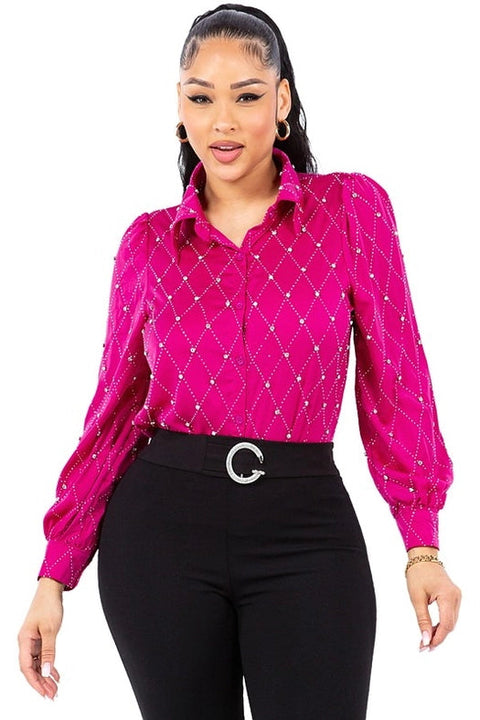 Satin & Rhinestone Button Down Collared Shirts Fuchsia-Shirts-7MANGO7-S-Urbanheer
