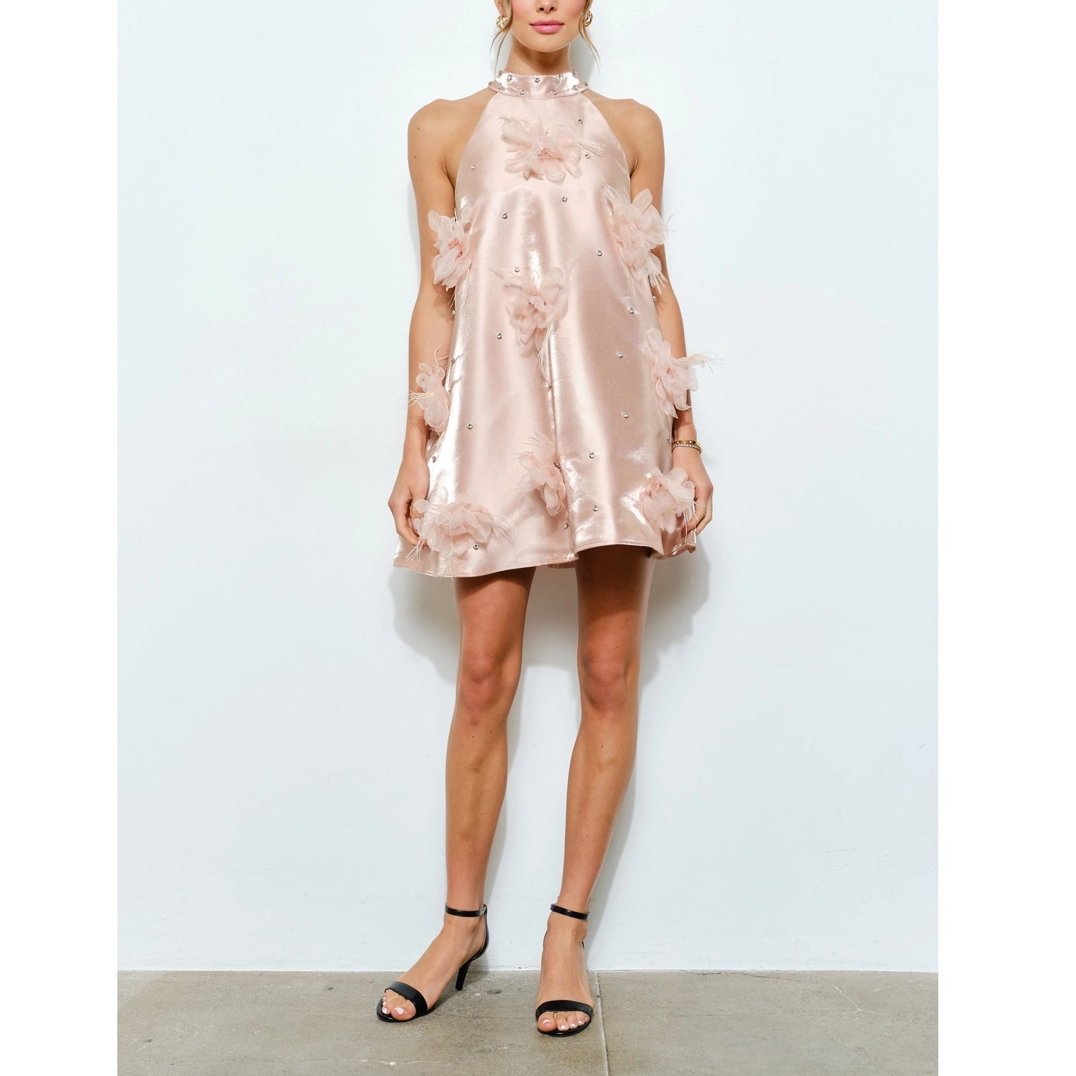 Satin Rhinestone Embellished Floral Mini Dress in Blush