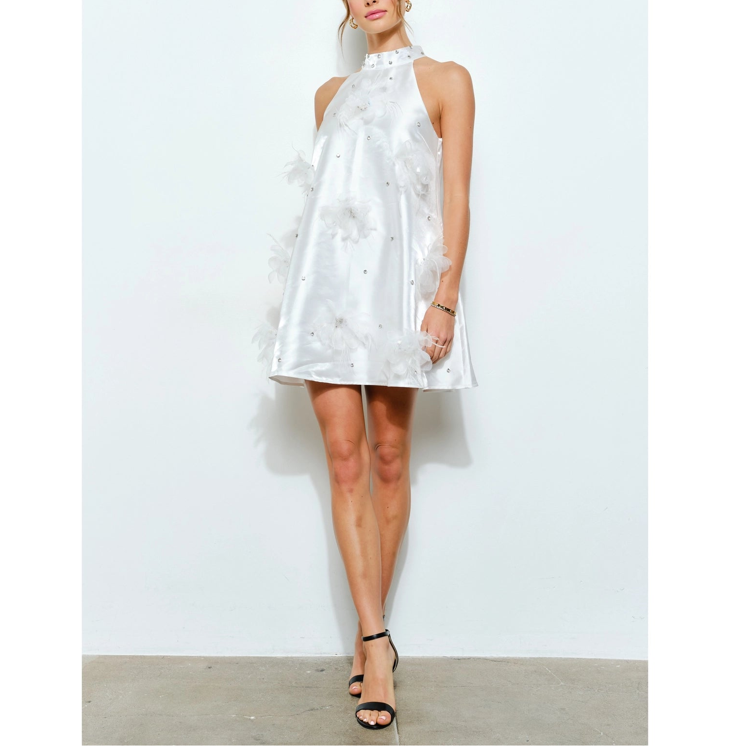 embellished floral mini dress Satin Rhinestone Embellished Floral Mini Dress in White from INA S
