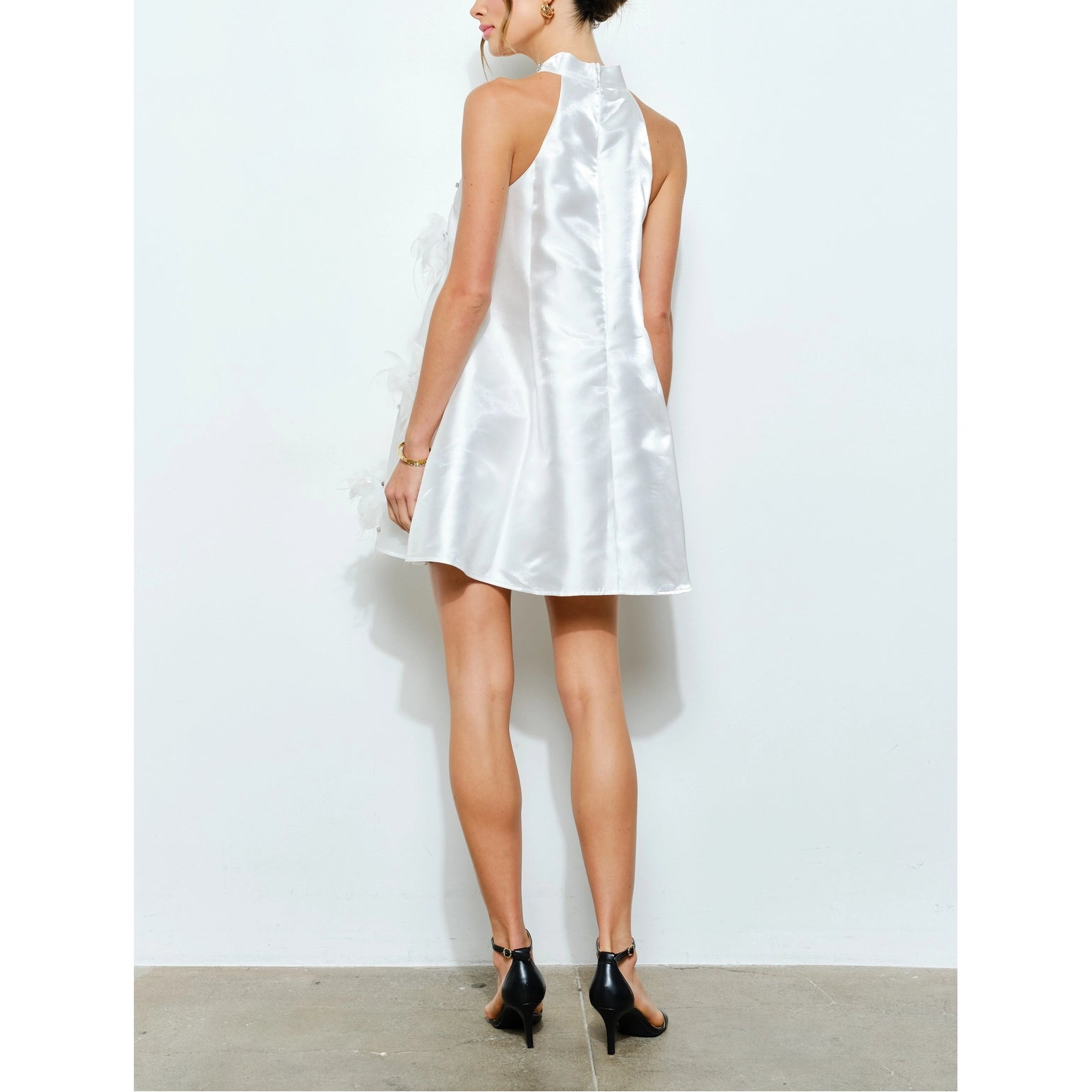 rhinestone white mini dress Satin Rhinestone Embellished Floral Mini Dress in White from INA S