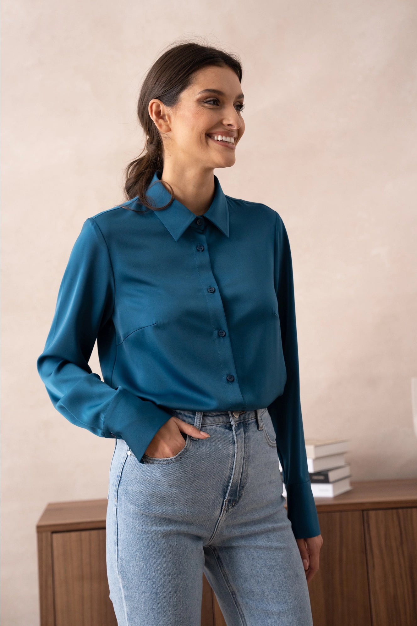 Satin Shirt with Classic Notched Collar