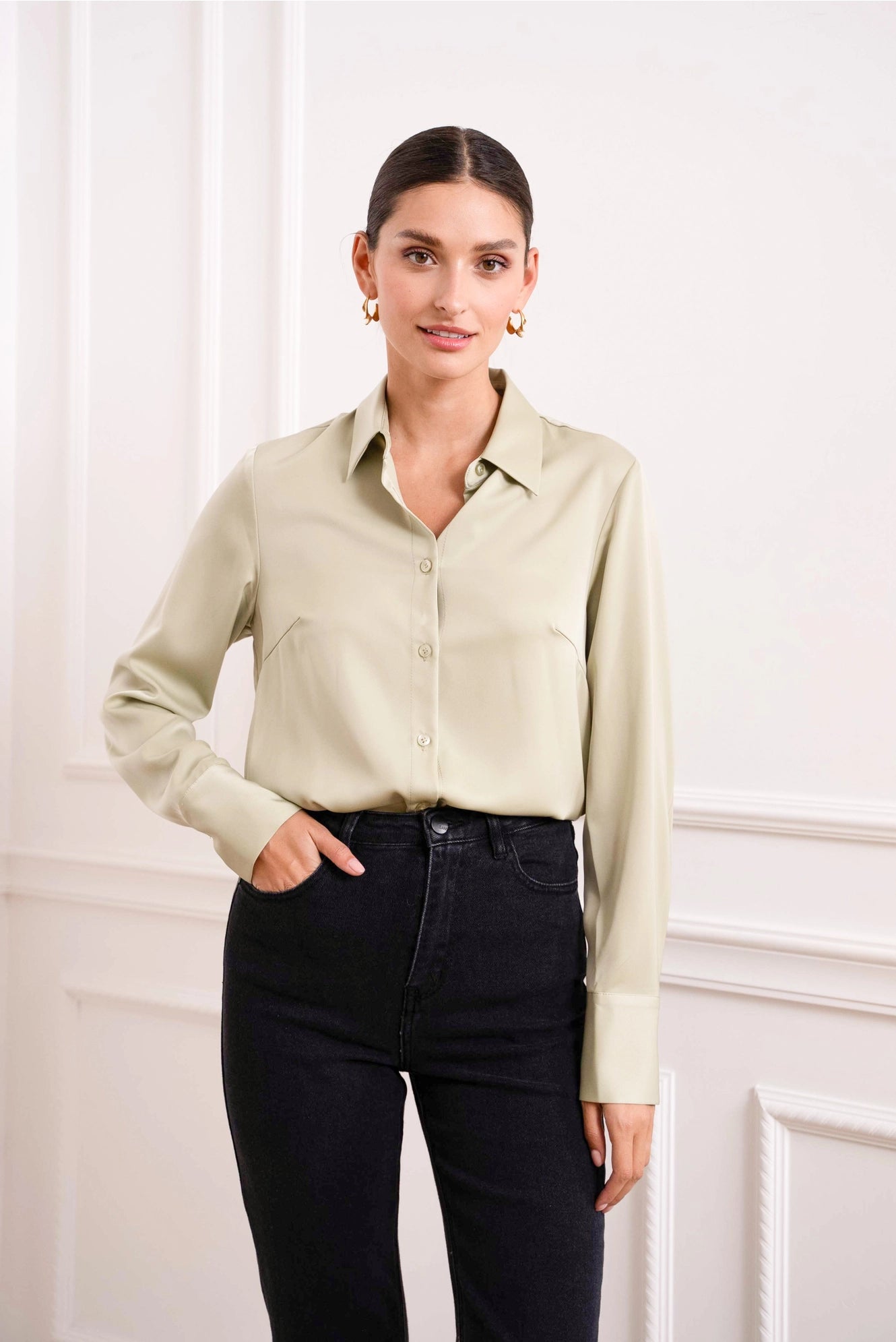Satin Shirt with Classic Notched Collar
