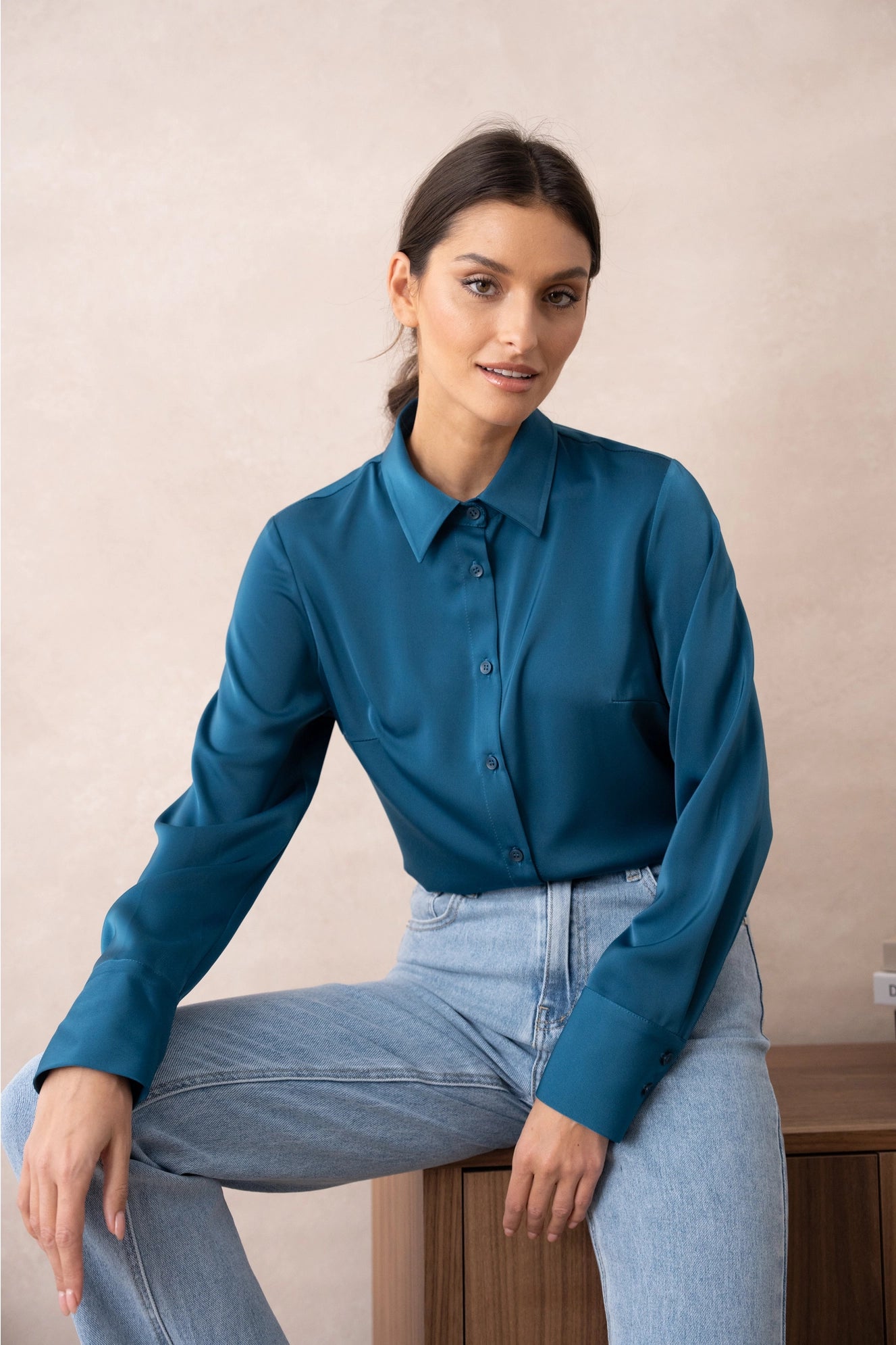 Satin Shirt with Classic Notched Collar