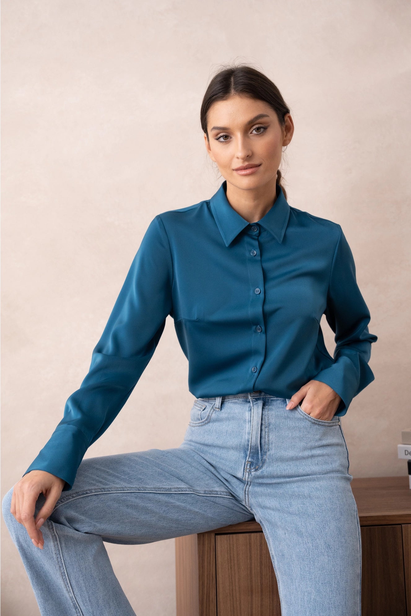 Satin Shirt with Classic Notched Collar