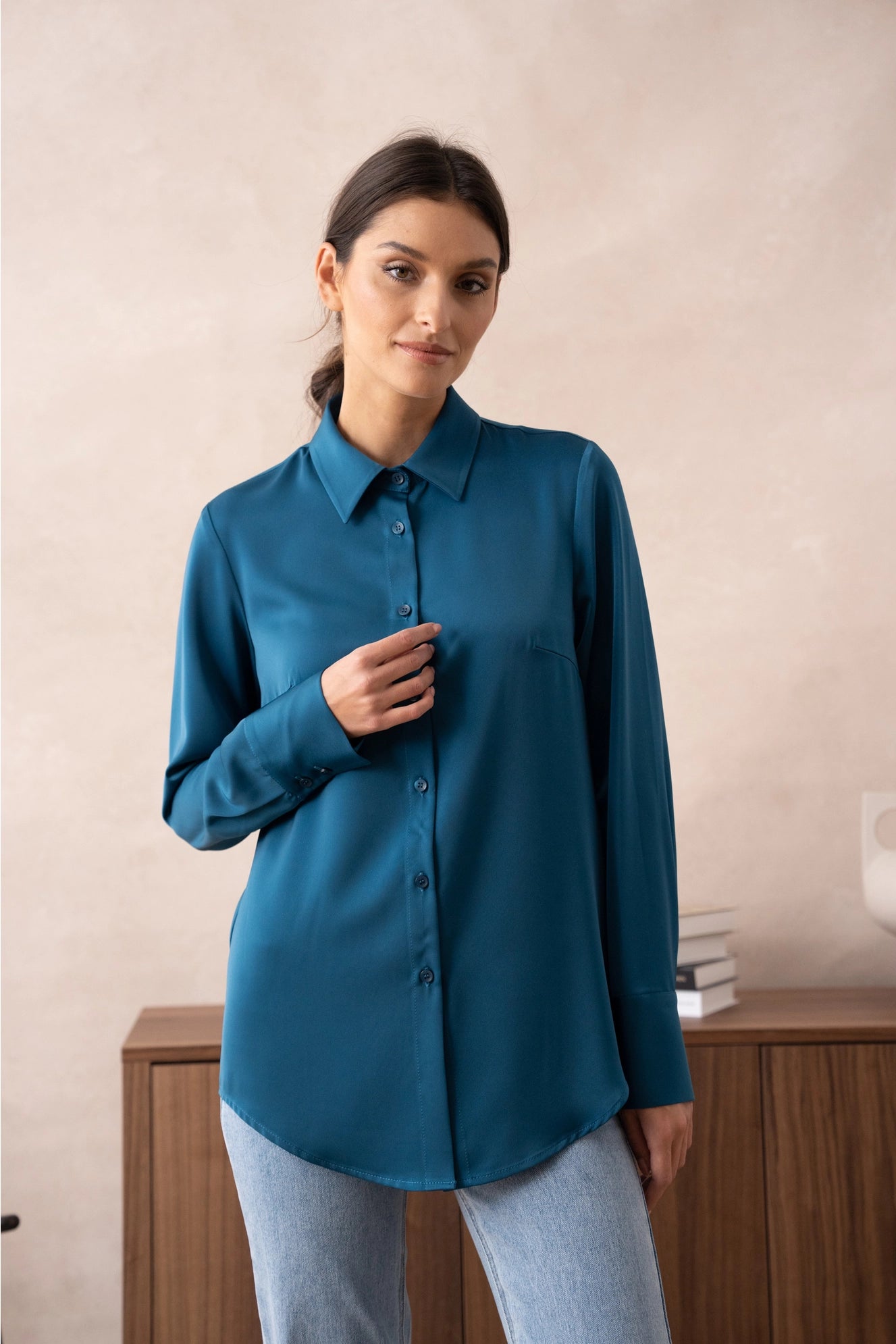 Satin Shirt with Classic Notched Collar