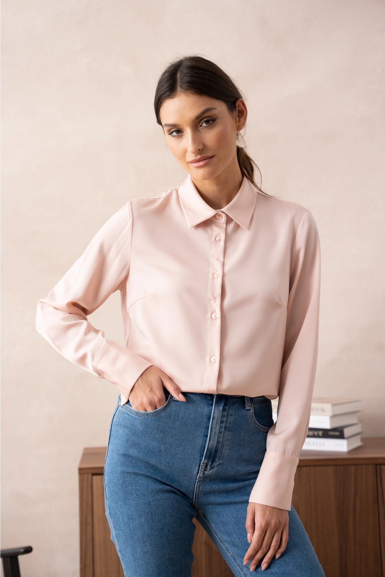Satin Shirt with Classic Notched Collar