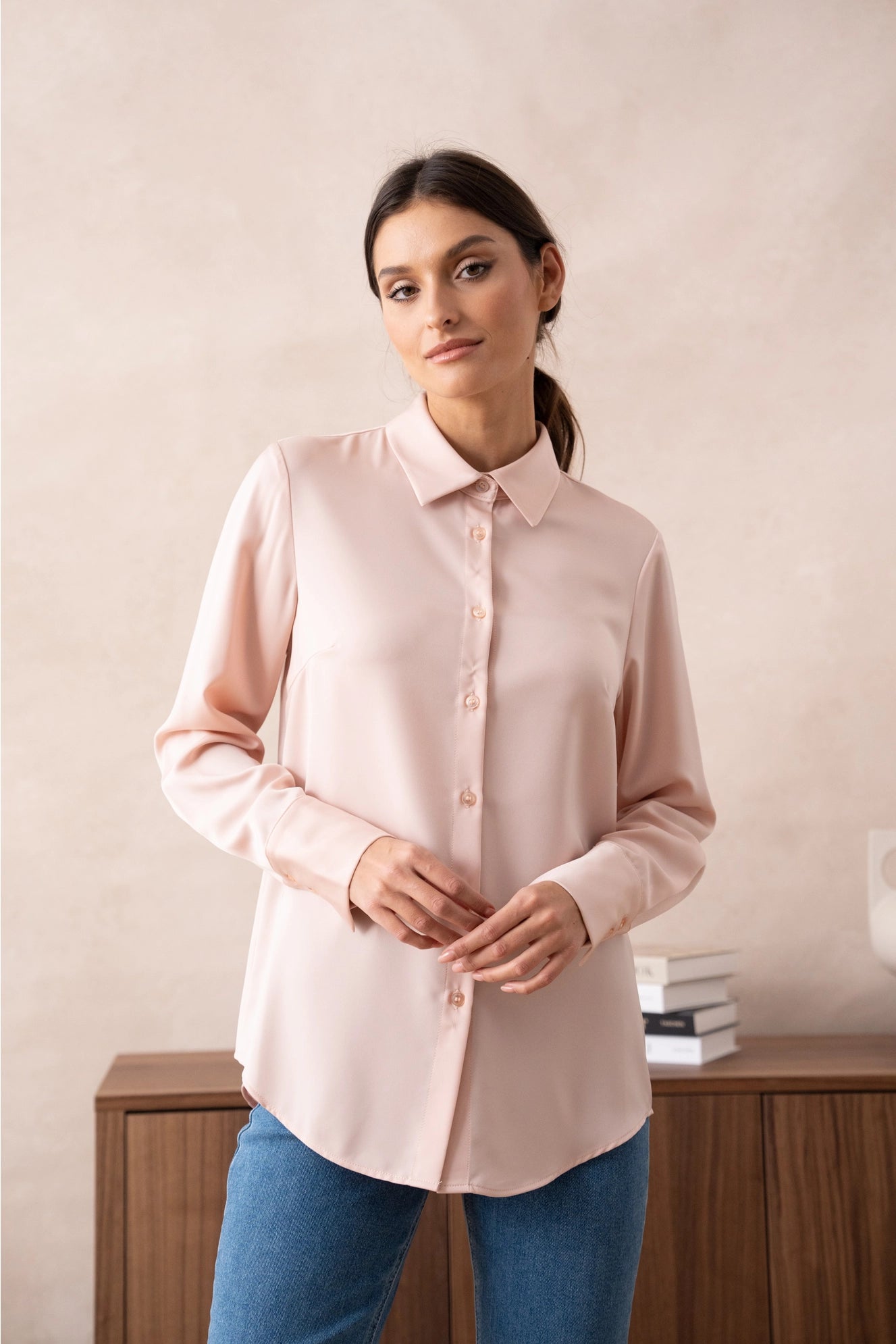 Satin Shirt with Classic Notched Collar