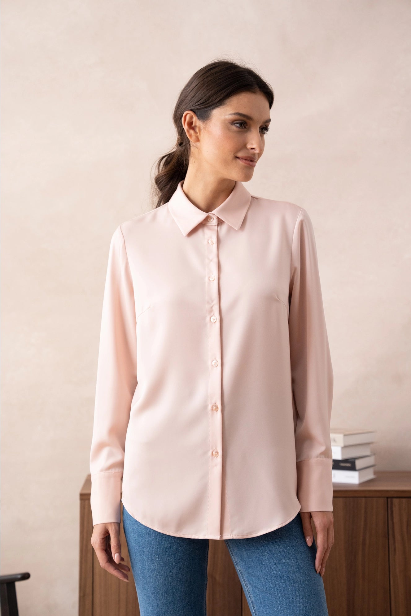 Satin Shirt with Classic Notched Collar