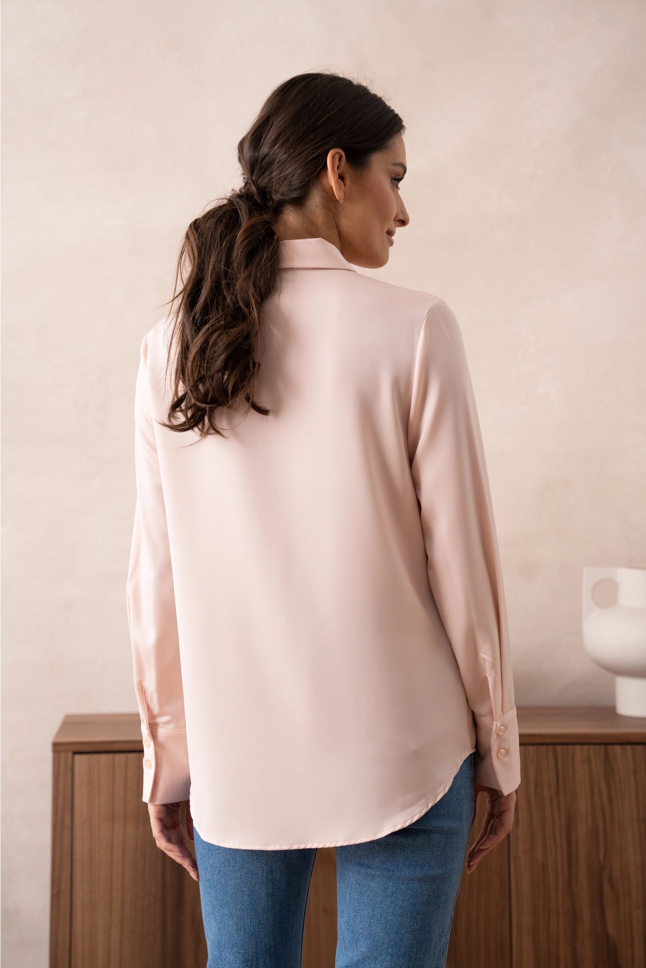 Satin Shirt with Classic Notched Collar