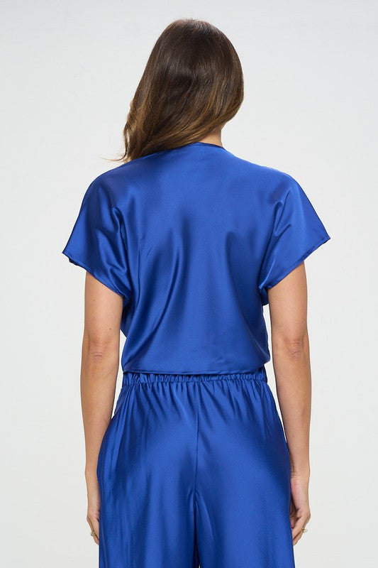 Satin Short Sleeve Top with Front Twist-New Arrival-Reneecollection-Small-ROYAL BLUE-Urbanheer